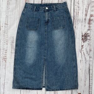 Denim Midi Skirt with Front Slit Large